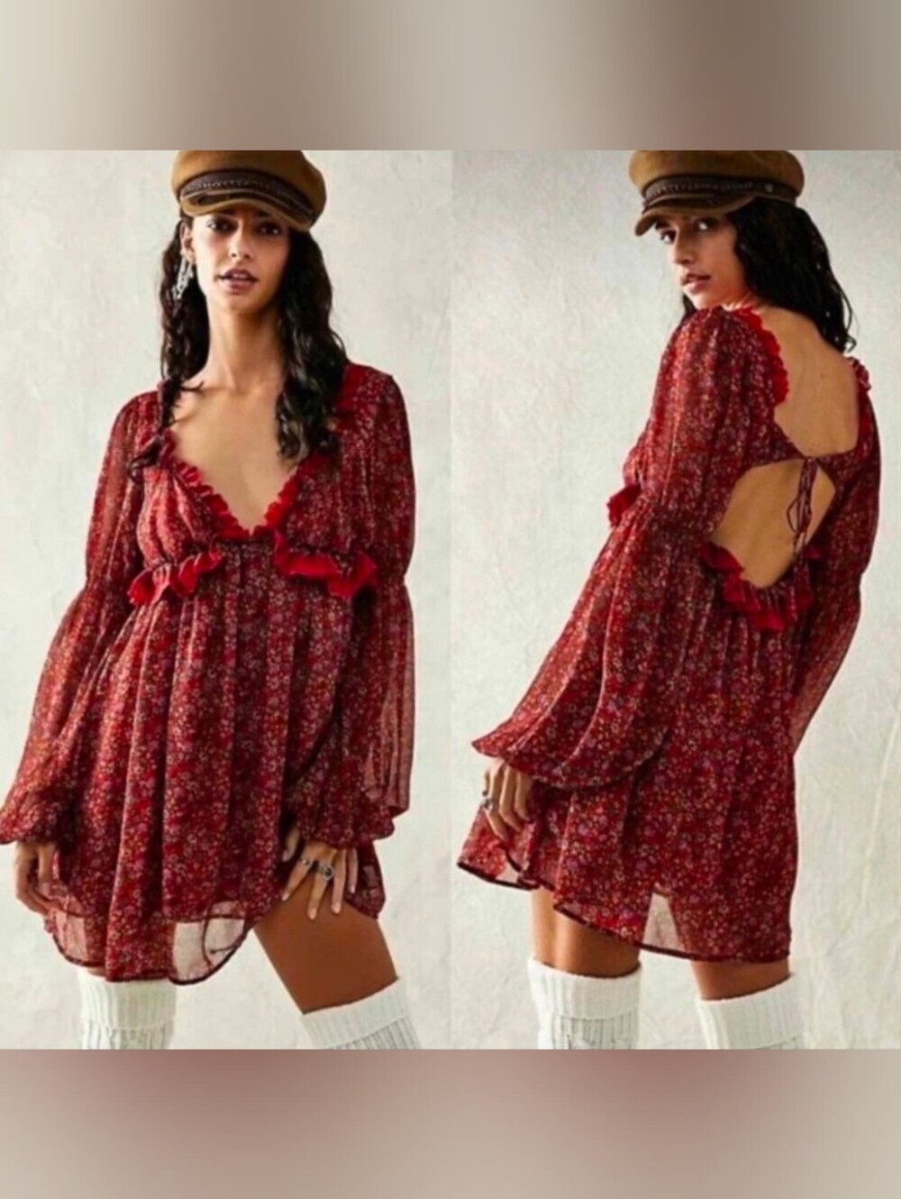 Free People Babydoll Lace Pennie Ruffles Lace Mini Dress Cherry Red Medium $138